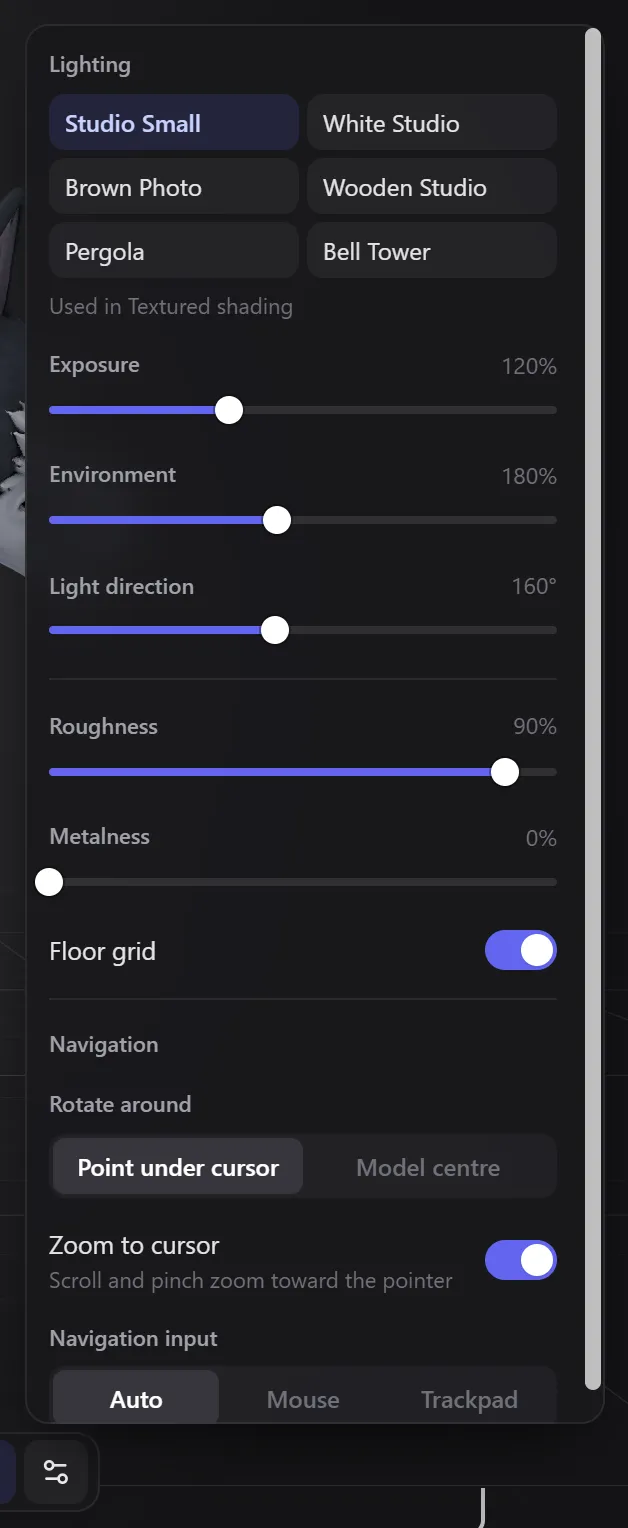 The View settings popover with lighting presets, sliders and navigation options