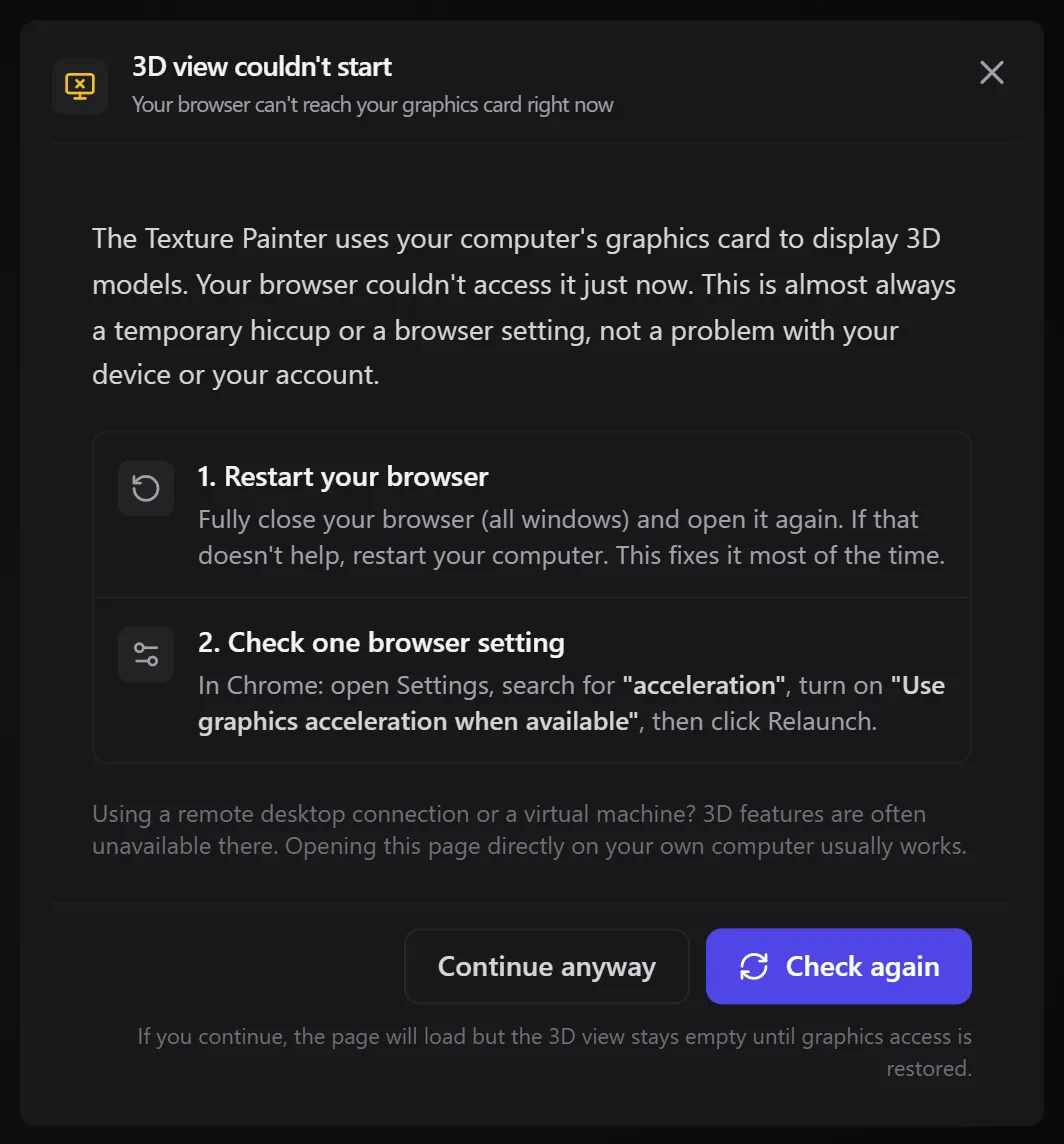 The dialog 3D view couldn't start with steps to restart the browser and turn on graphics acceleration