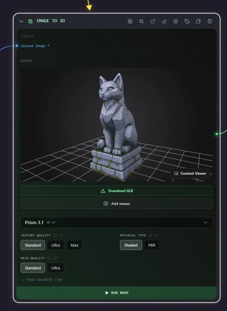 A 3D generation node showing its model picker, settings, result preview, and run bar