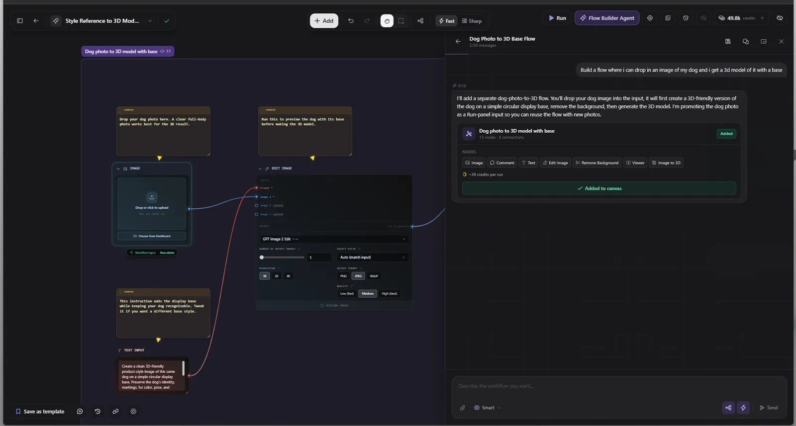 The Bob AI assistant building a pipeline on the canvas from a plain English description