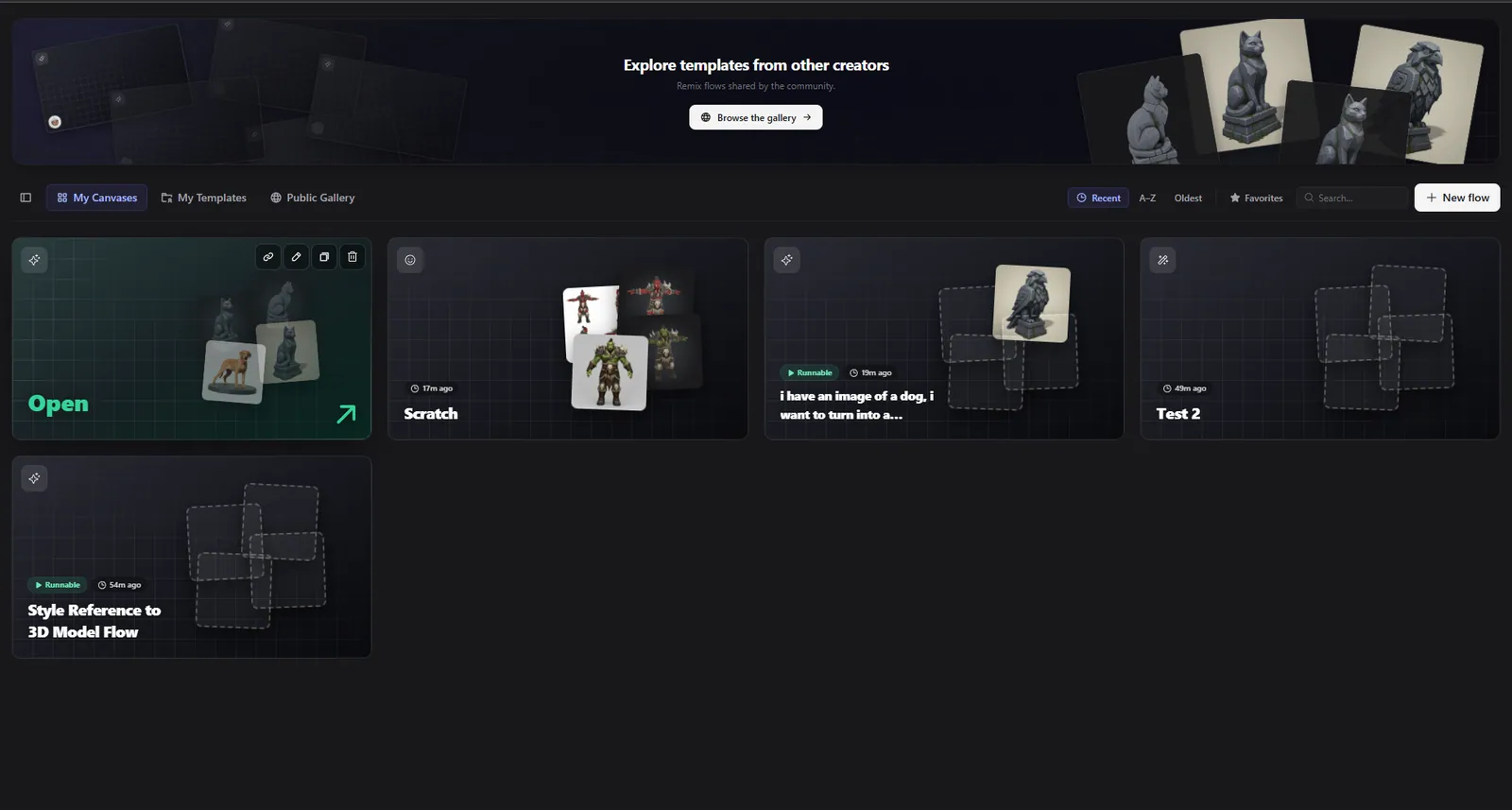 The Flows dashboard showing the My Canvases tab with flow cards, tabs, and the New flow button