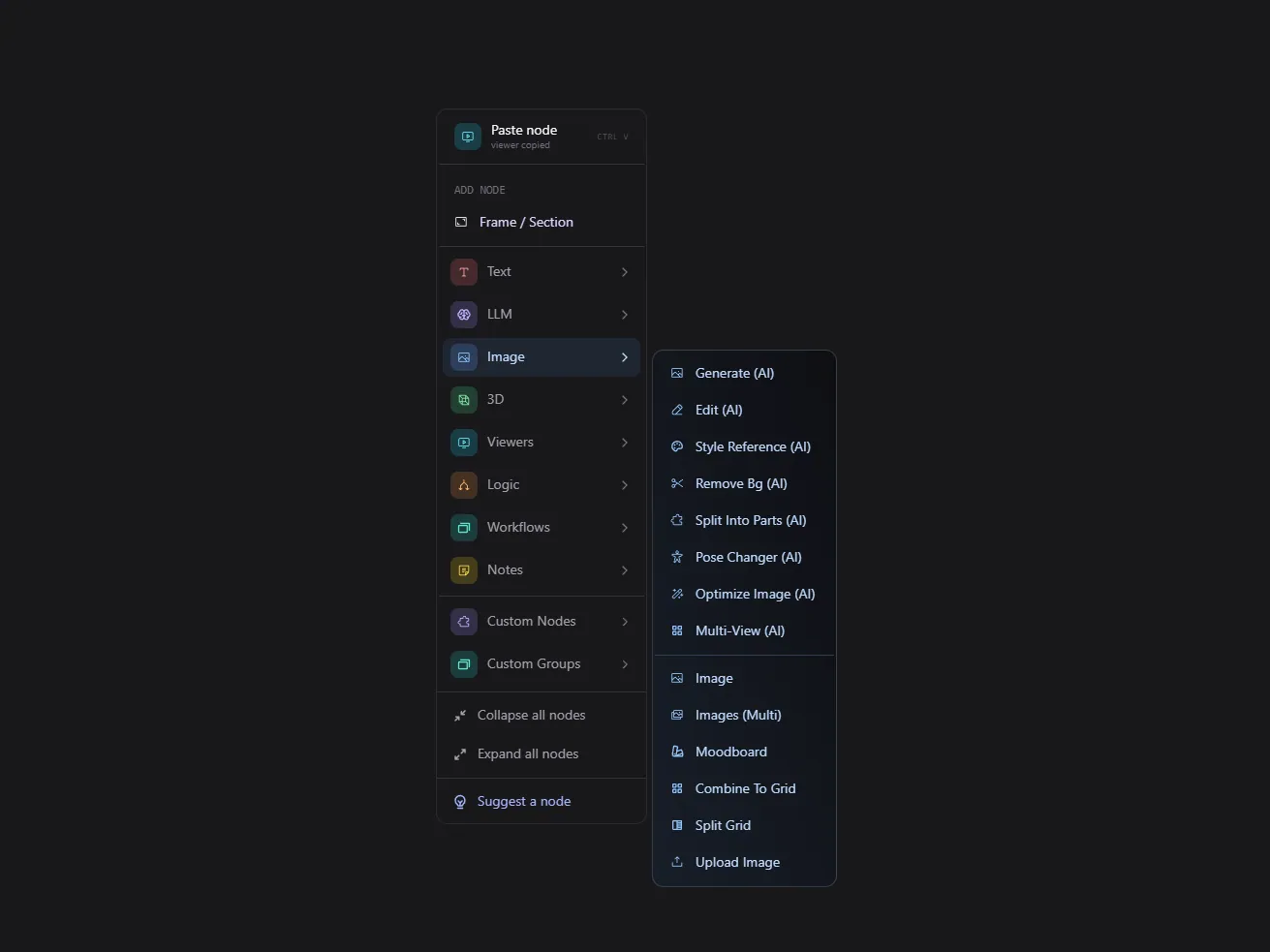 The categorized Add node menu open on the canvas