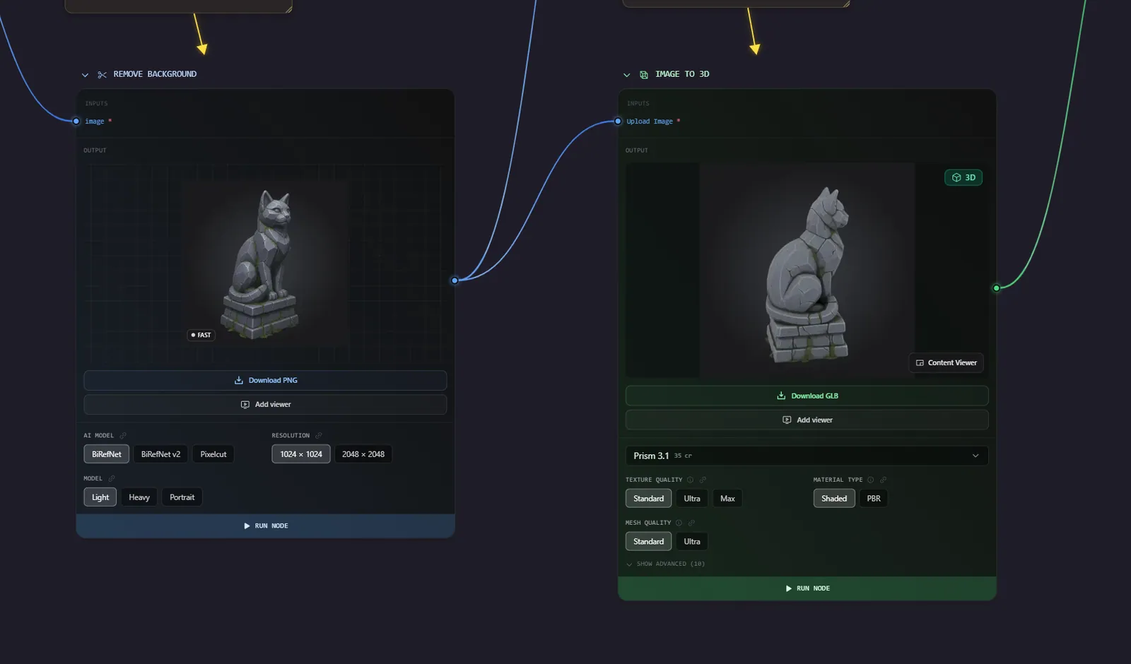 A Flow pipeline that removes an image background and converts the result into a 3D model