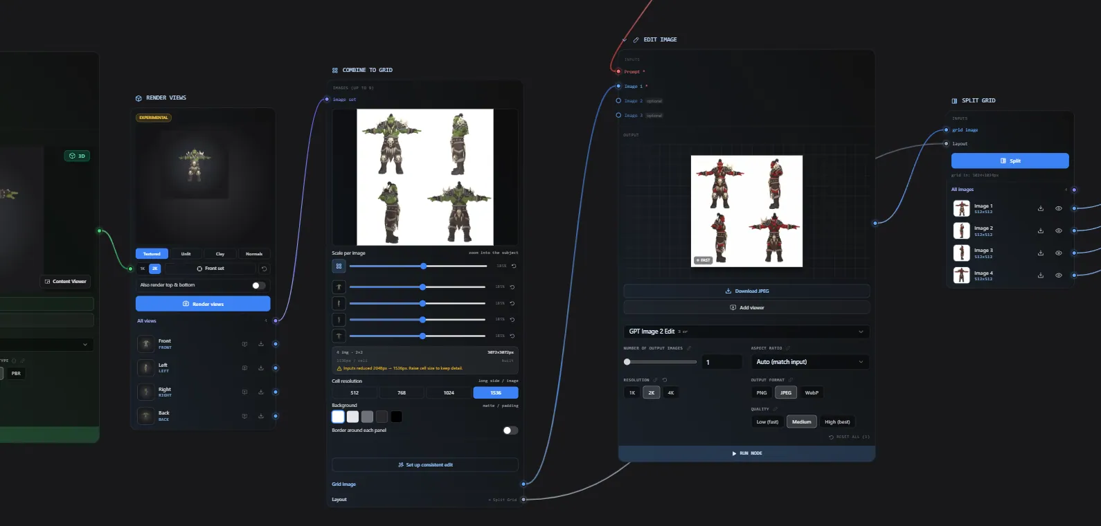 A workflow rendering views of a 3D model, combining them to a grid, editing, then splitting back