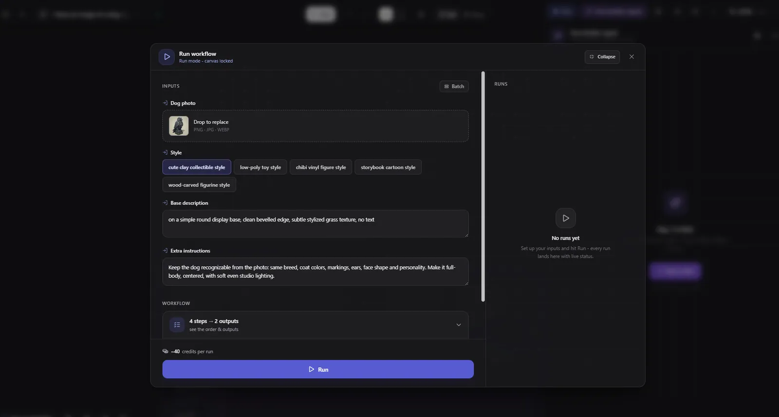 The Flow run panel showing input fields, the plan, and a credit estimate