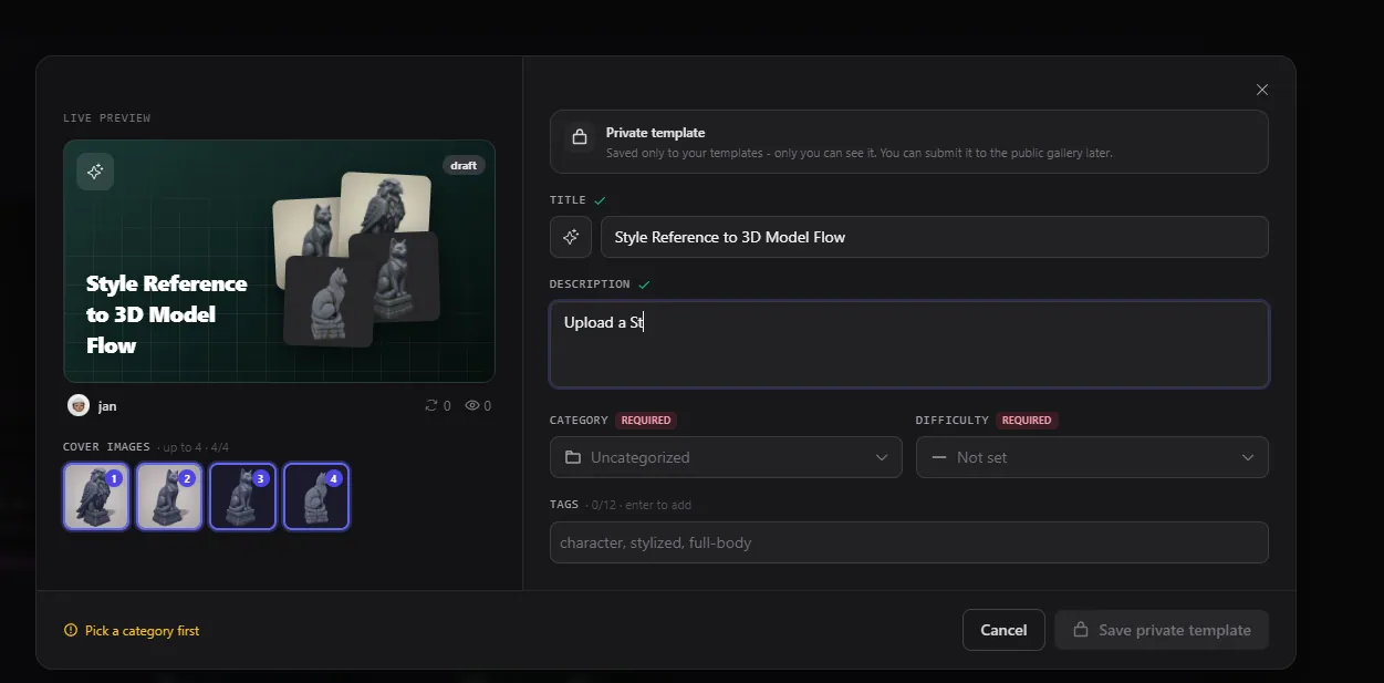 The Save as template dialog with a live preview card and a metadata form