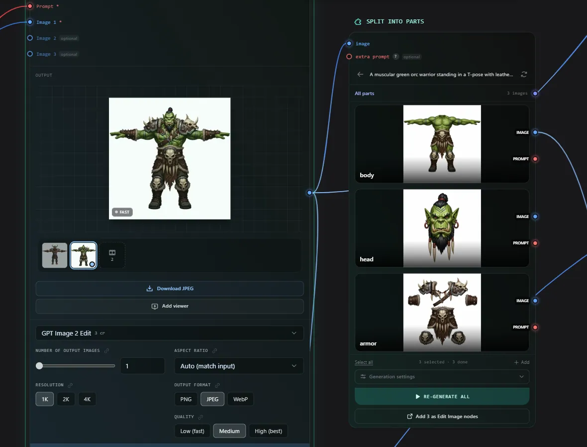 The Split into Parts node detecting and isolating parts of a character image