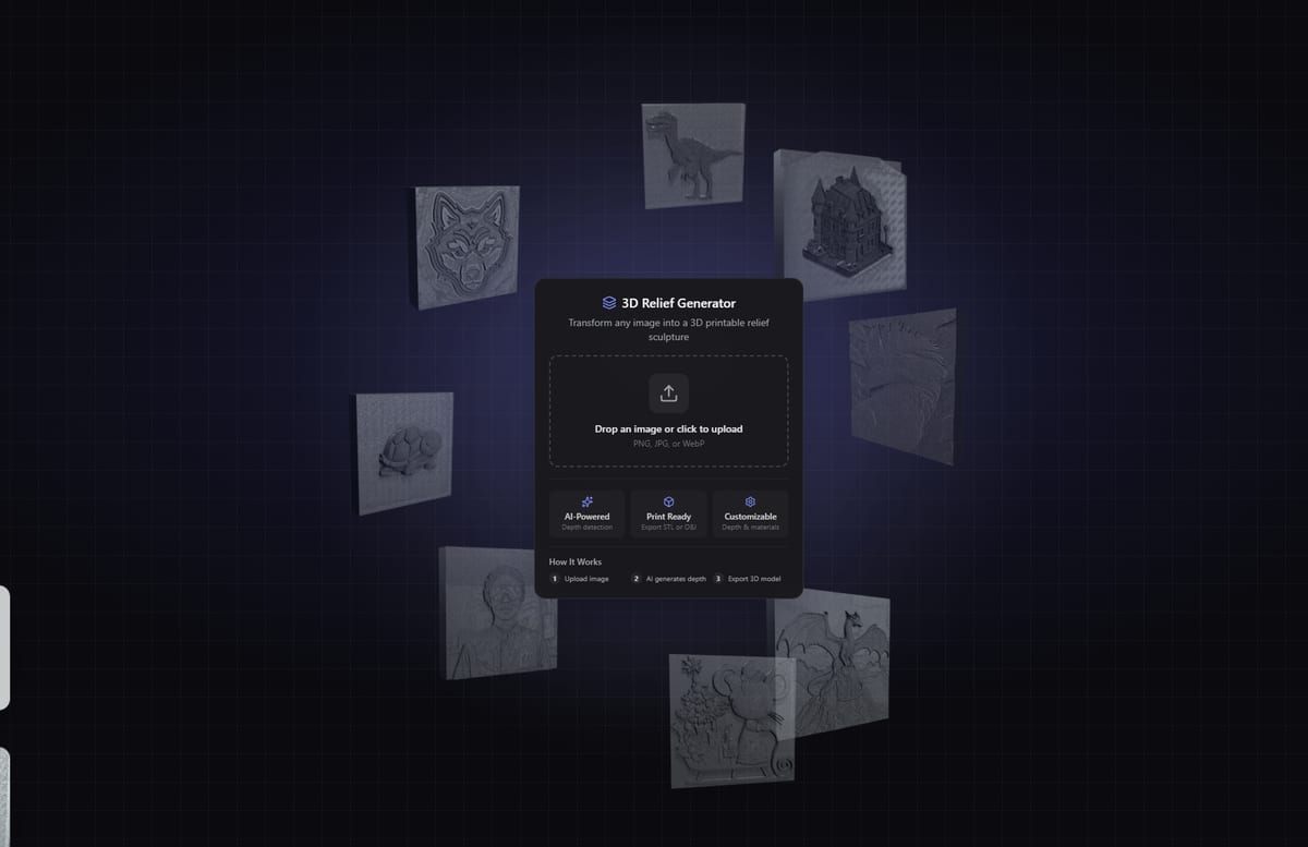 Relief Generator idle state with floating example reliefs