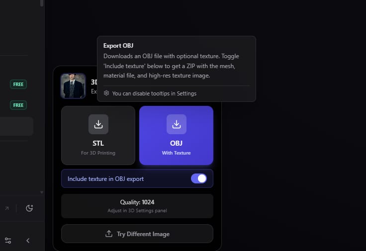 Export panel showing STL and OBJ download buttons