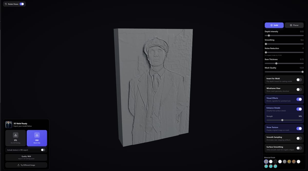 Generated relief sculpture shown in the 3D viewer