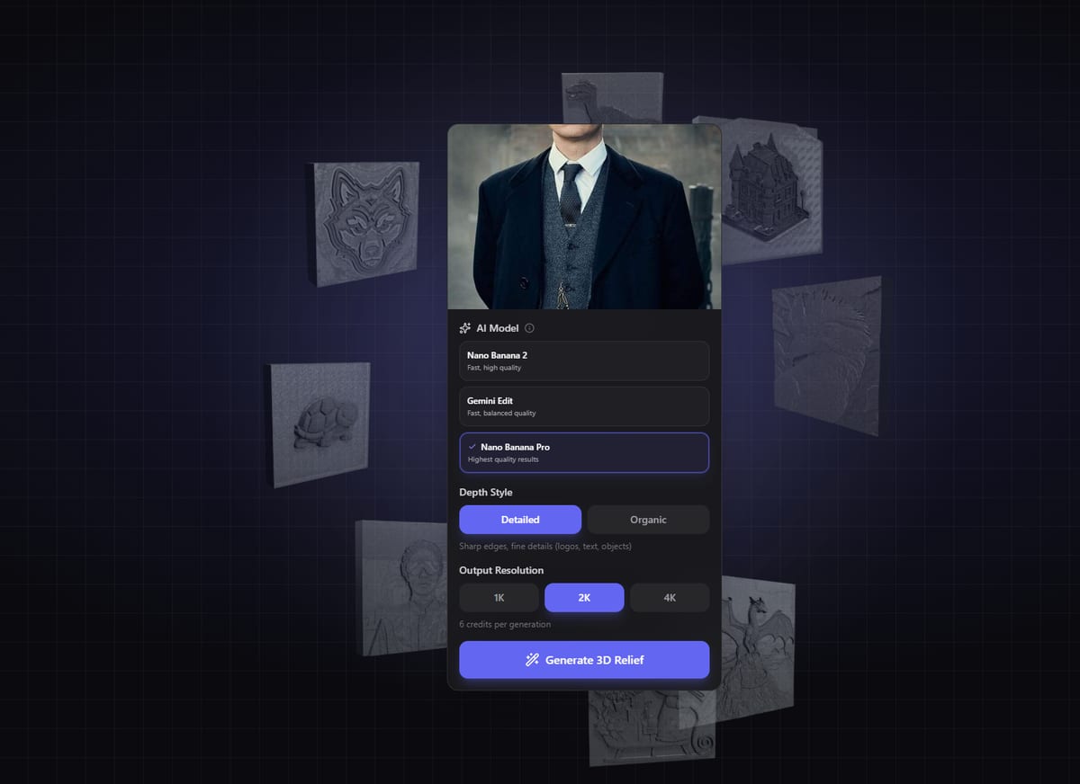 Upload panel showing AI model picker and depth style options