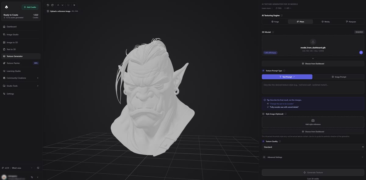 Texture Generator model upload interface
