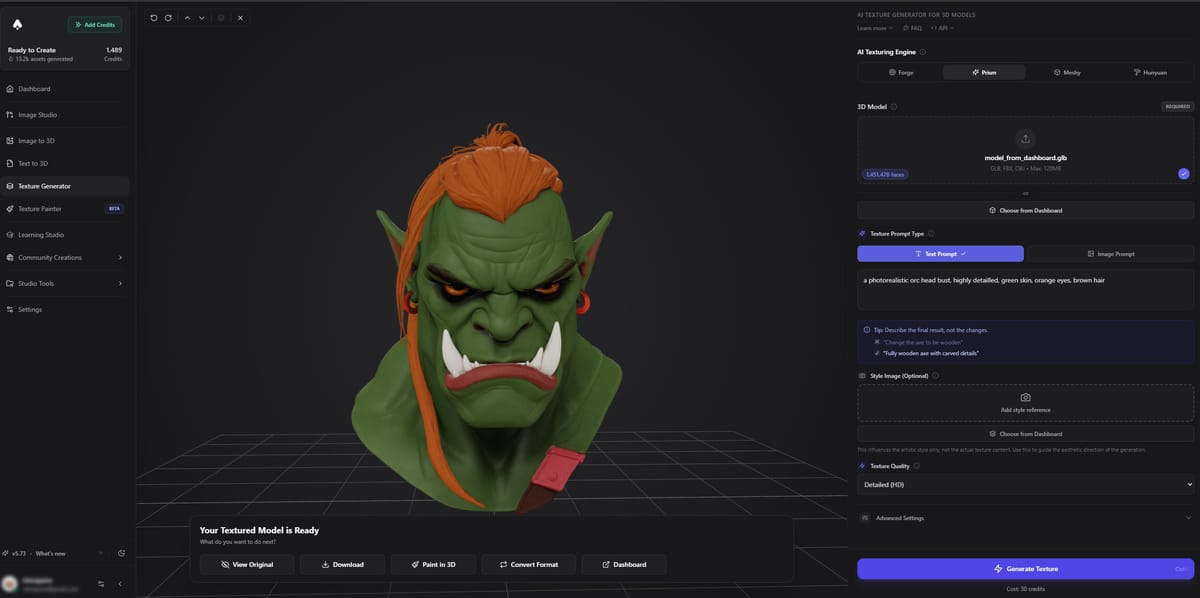Generated texture result with PBR materials applied