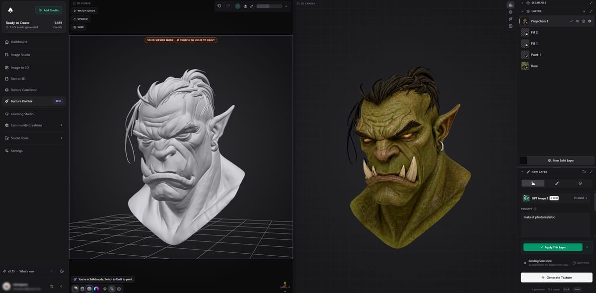 Texture Painter full workspace with 3D model and tools