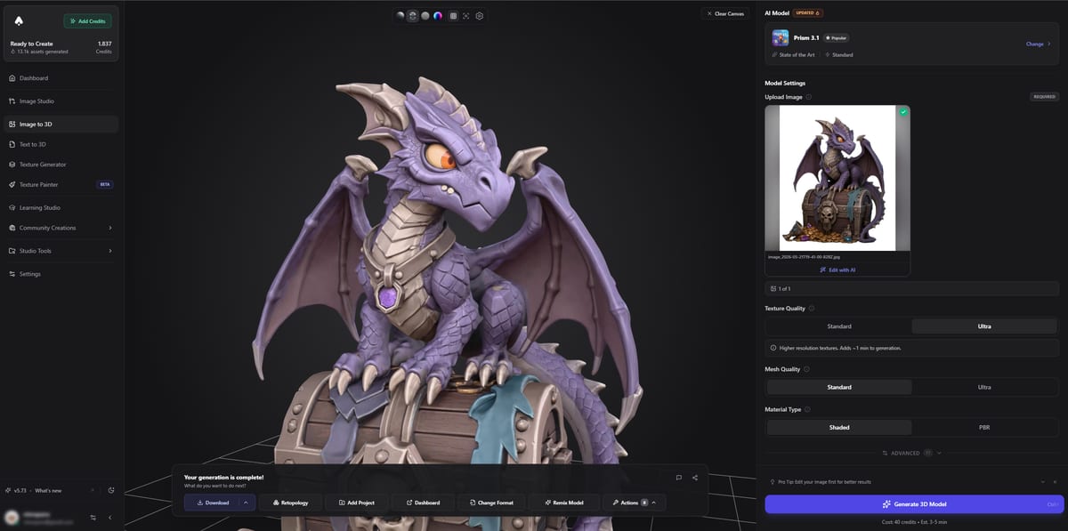 3D viewer showing a generated model with download options
