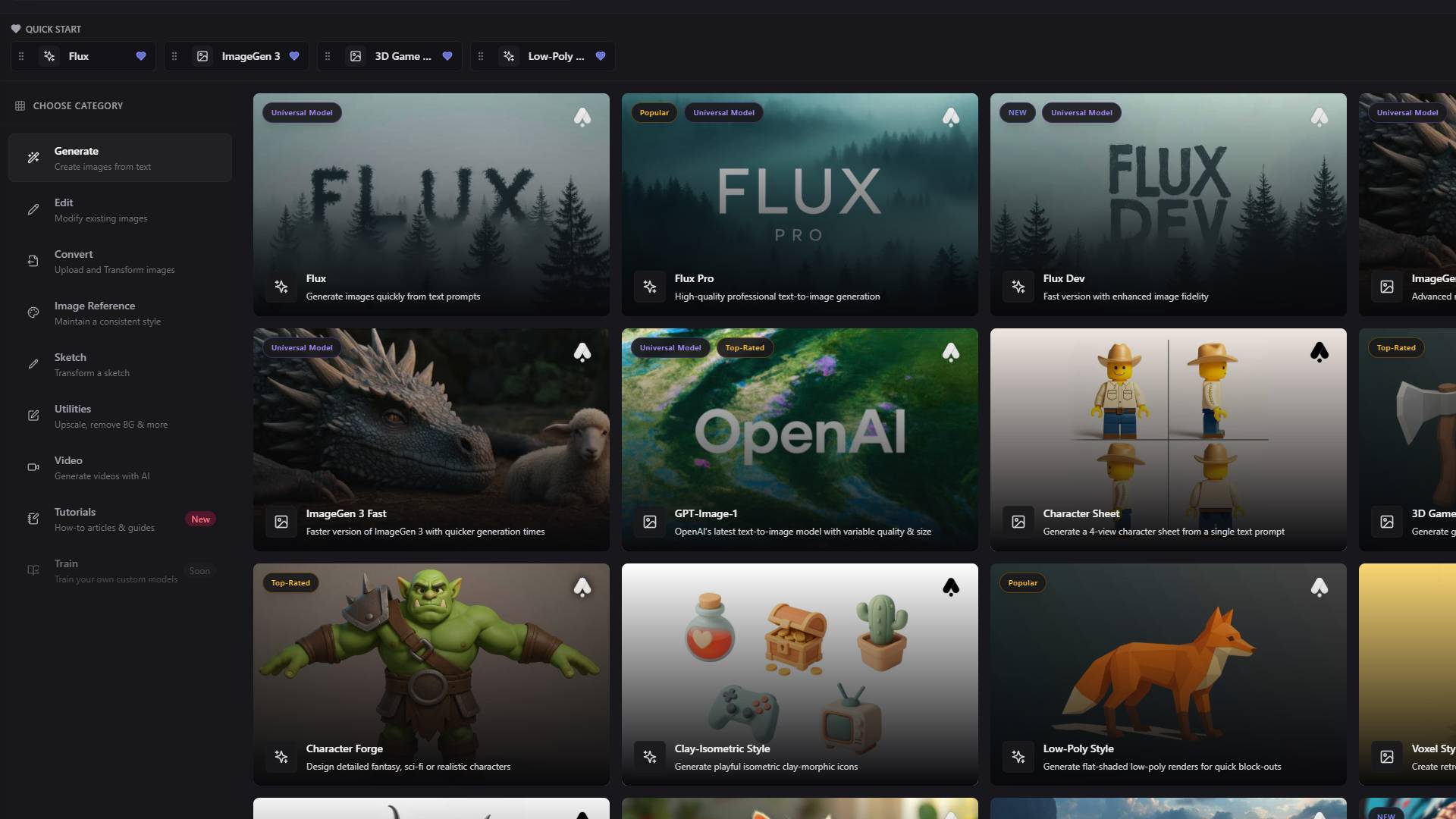 Generate category interface showing various AI models and tool cards