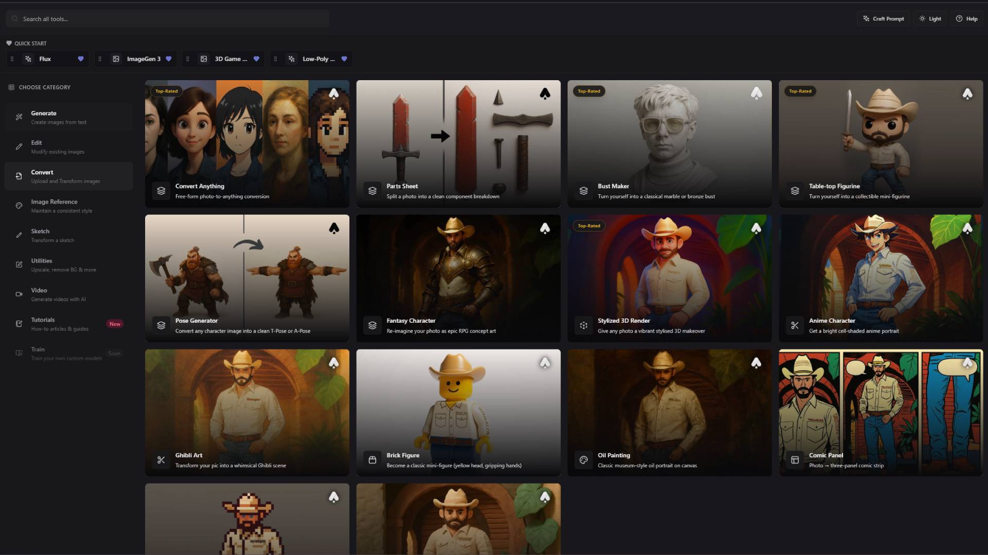 Convert category showing various style transformation options