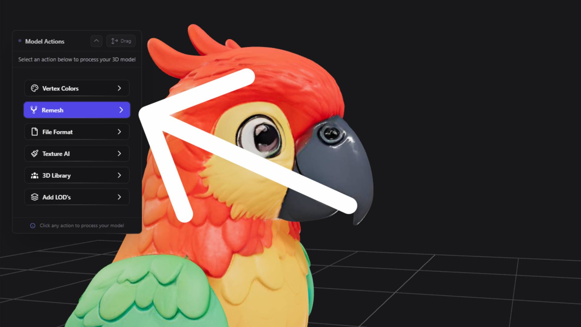 Remesh Tool Interface showing optimization and format conversion options