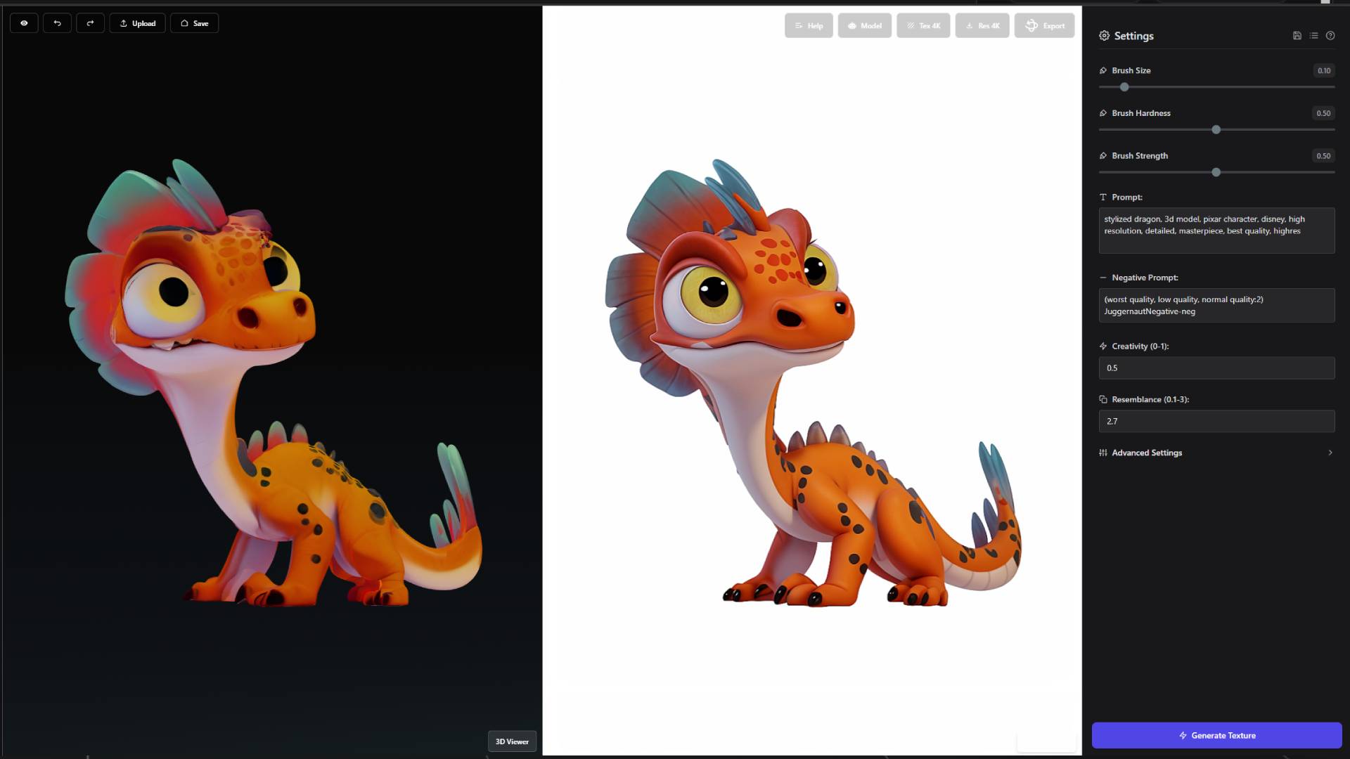 Texture Painter workspace showing 3D viewer, paint preview, and settings panel