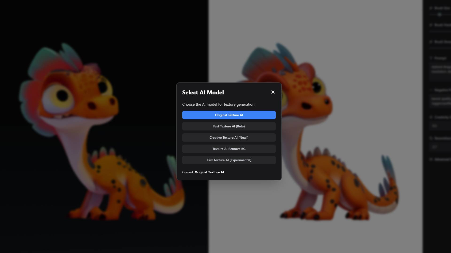 Top toolbar showing upload, save, model selection, and resolution controls